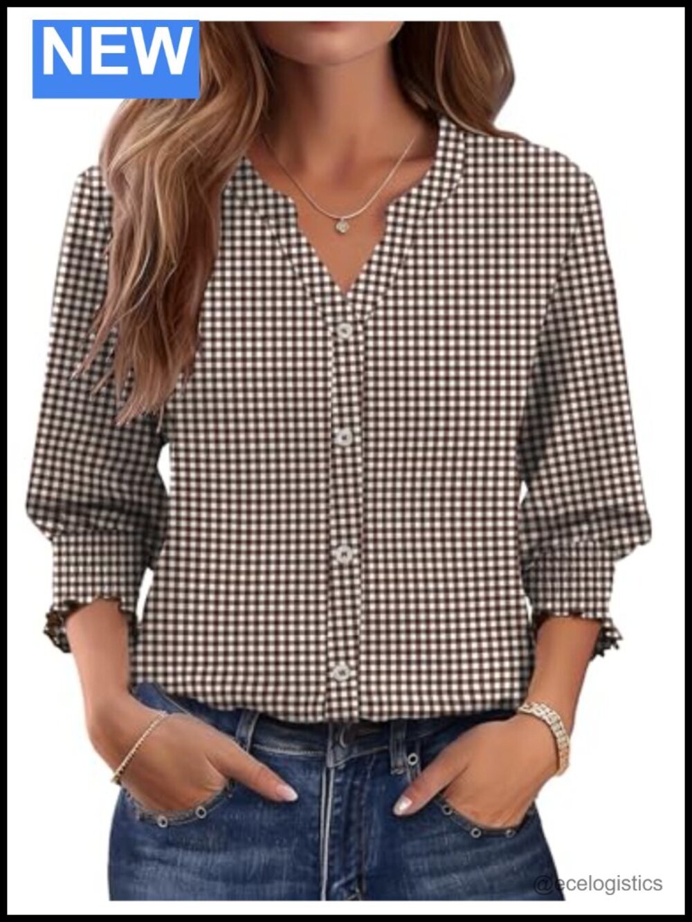 Women's 3/4 Length Sleeve Button Down Blouse with Smocked Cuffs